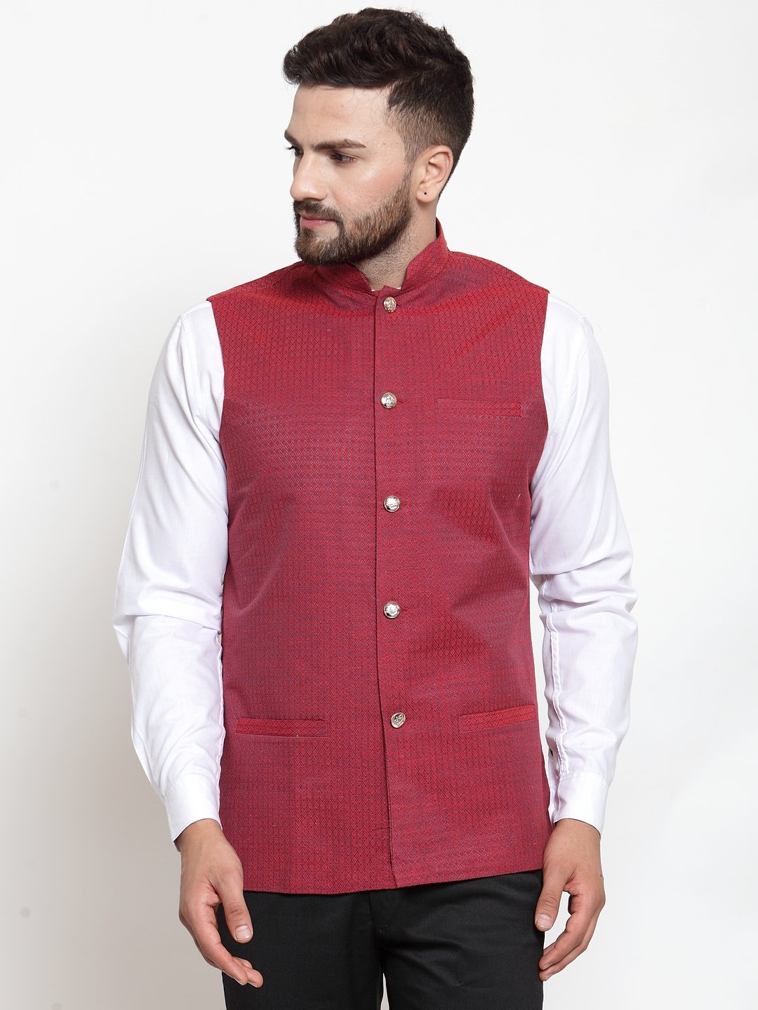 Jompers Men Maroon Woven Nehru Jacket
