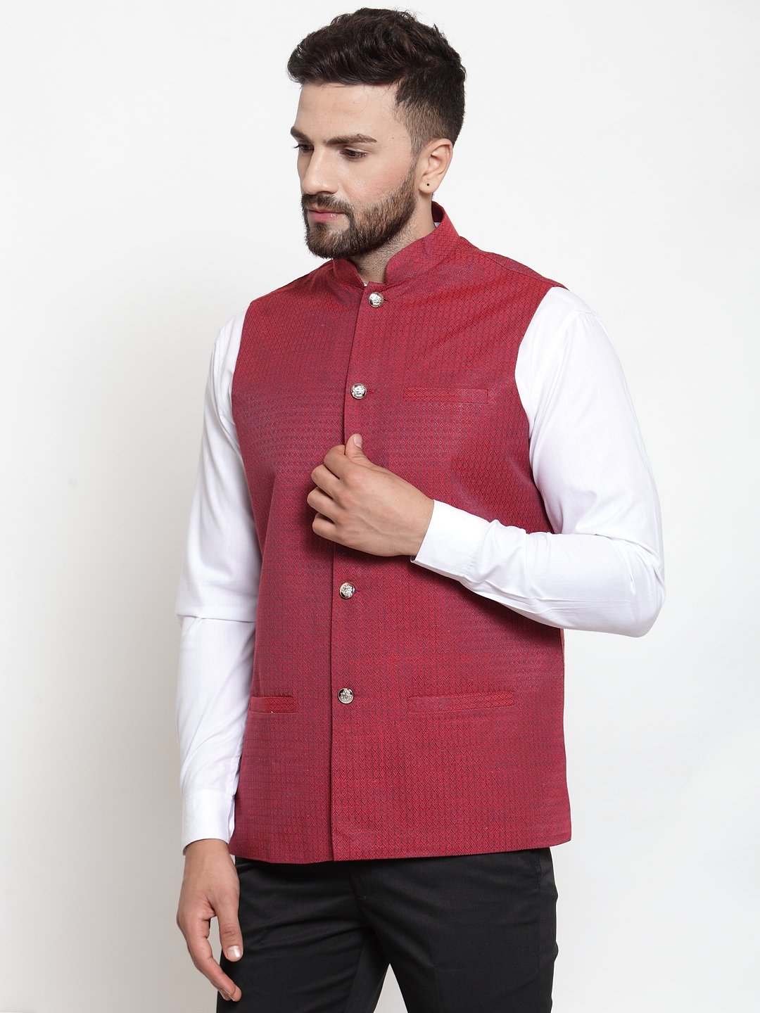 Jompers Men Maroon Woven Nehru Jacket