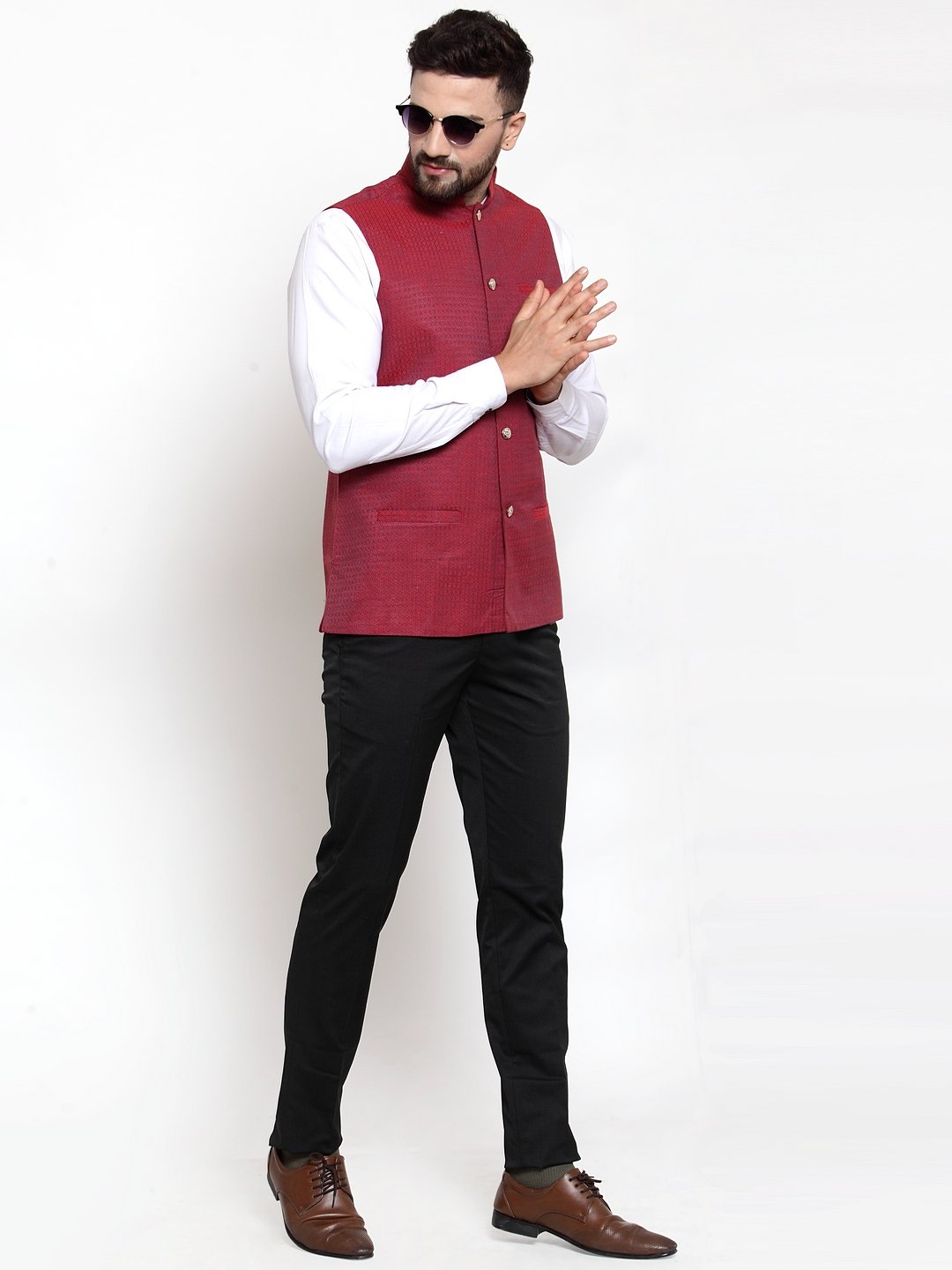 Jompers Men Maroon Woven Nehru Jacket