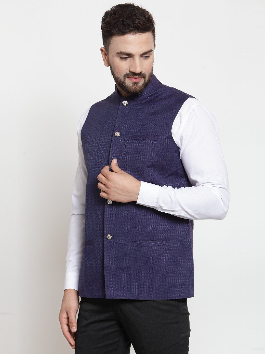 Jompers Men Navy-Blue Woven Design Nehru Jacket
