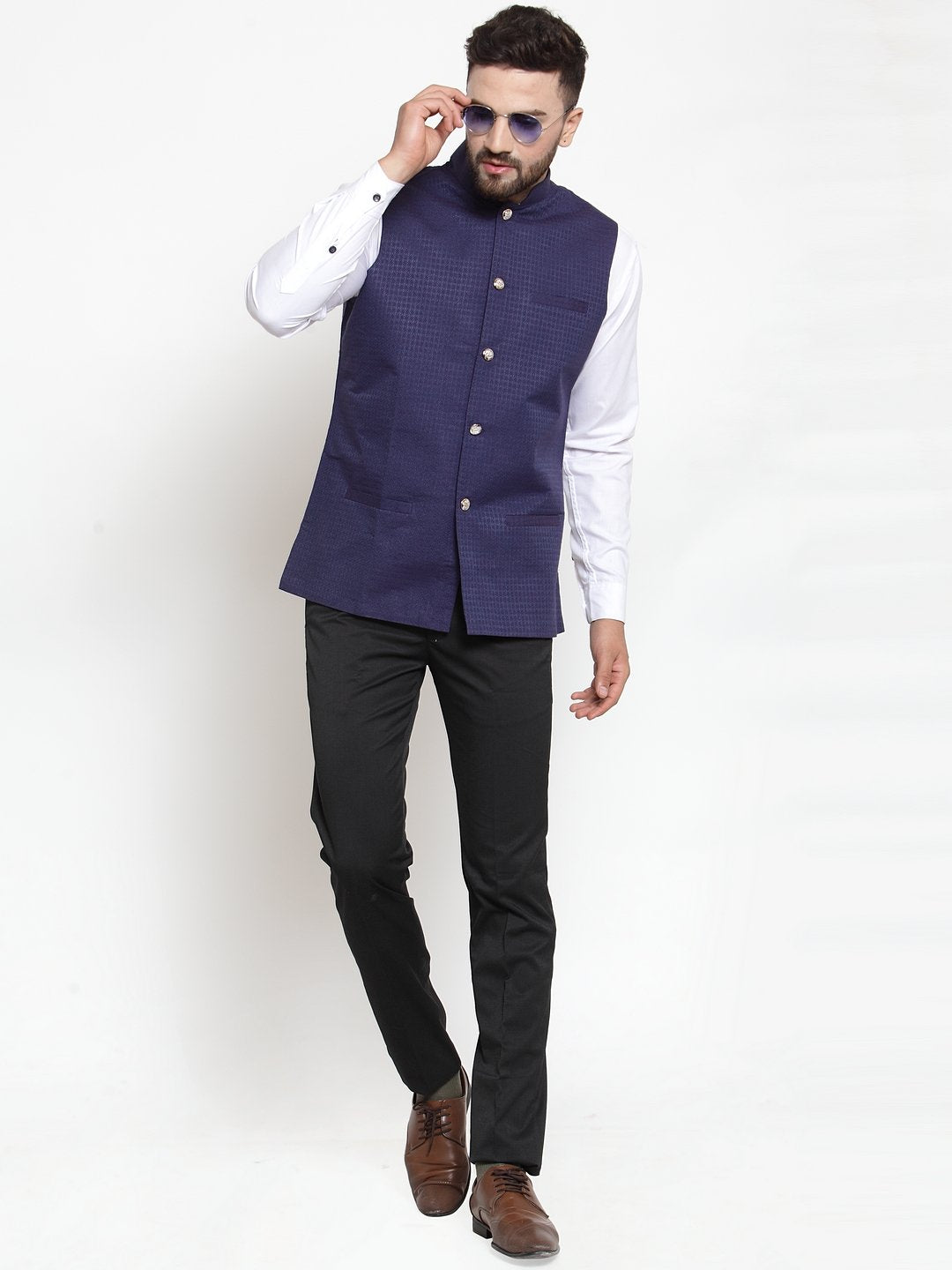 Jompers Men Navy-Blue Woven Design Nehru Jacket