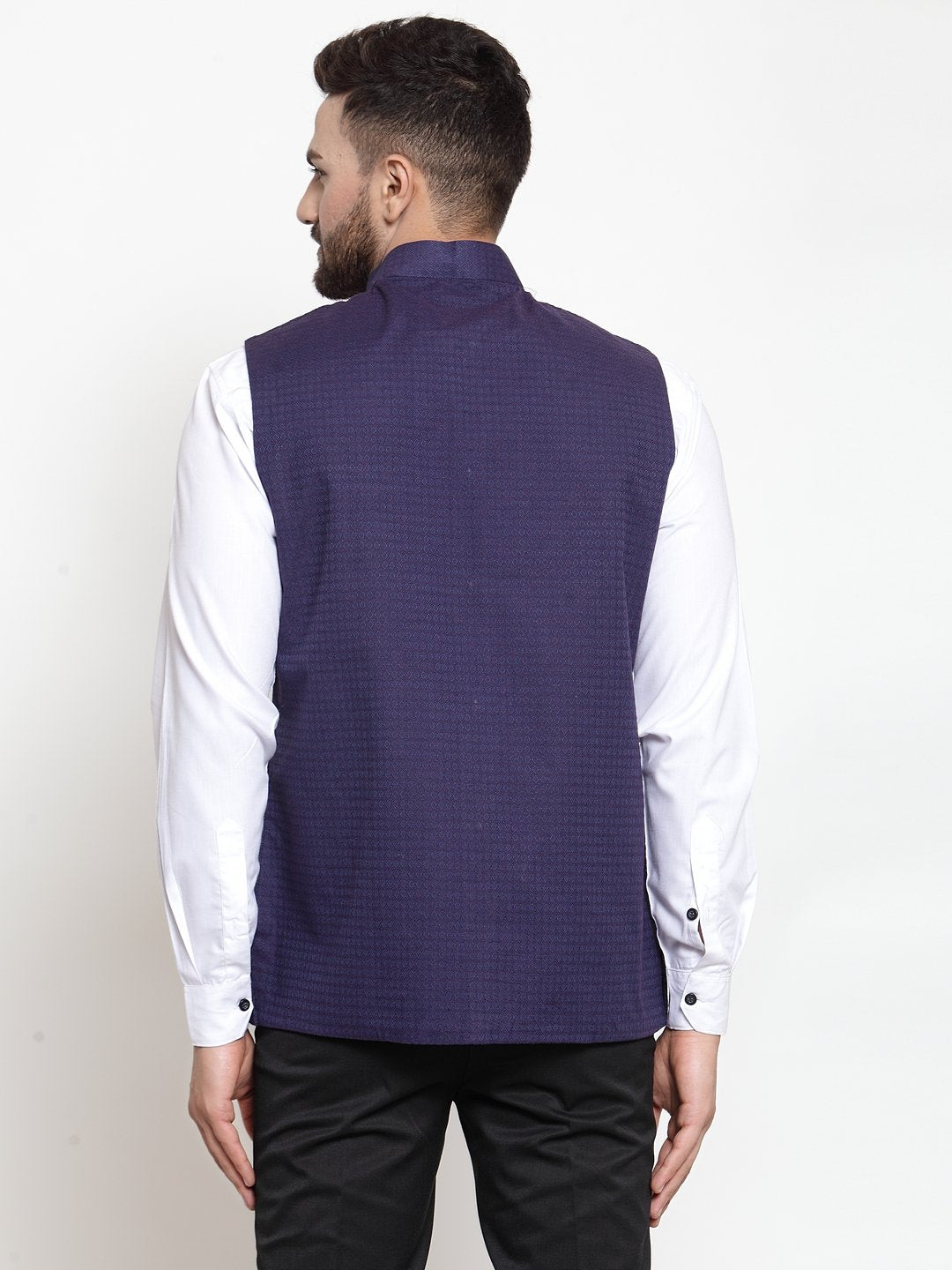 Jompers Men Navy-Blue Woven Design Nehru Jacket