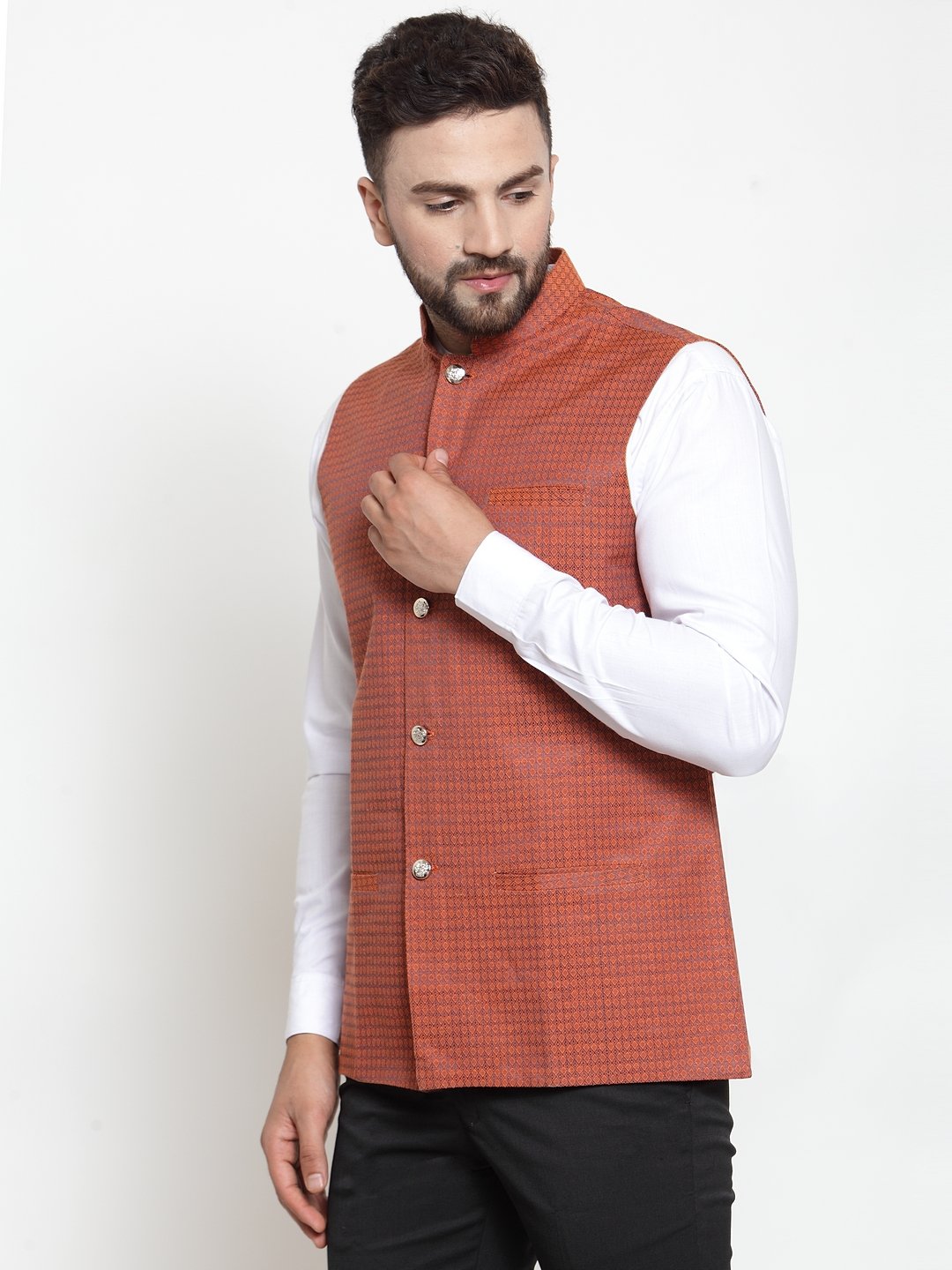 Jompers Men Orange Woven Design Nehru Jacket