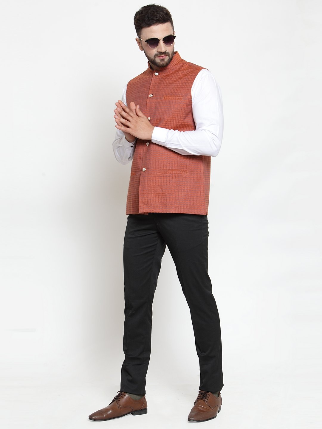 Jompers Men Orange Woven Design Nehru Jacket
