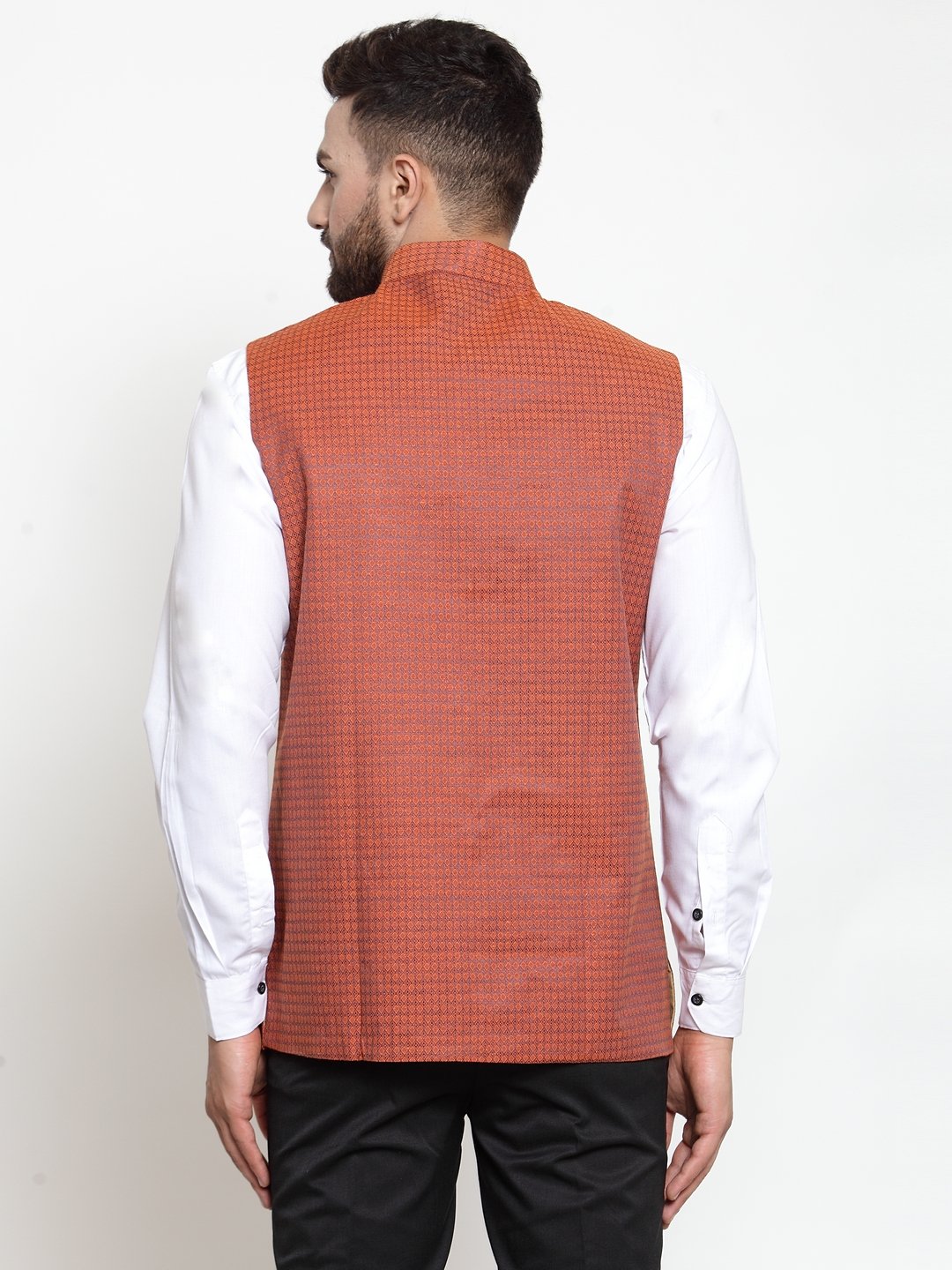 Jompers Men Orange Woven Design Nehru Jacket