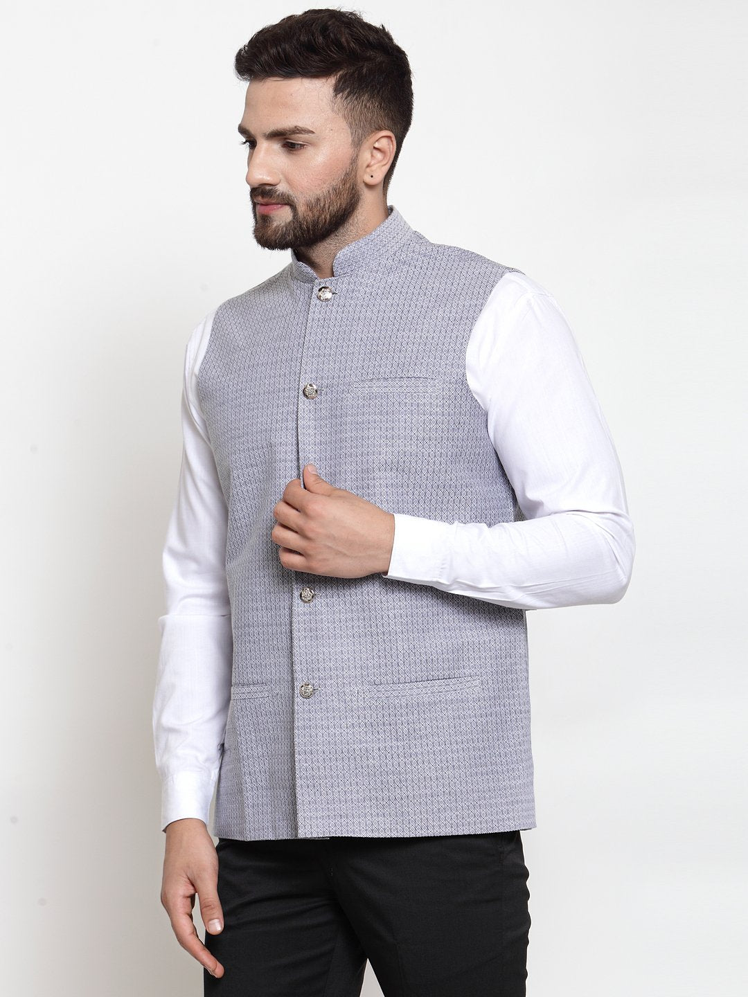 Jompers Men Steel-Blue Woven Design Nehru Jacket