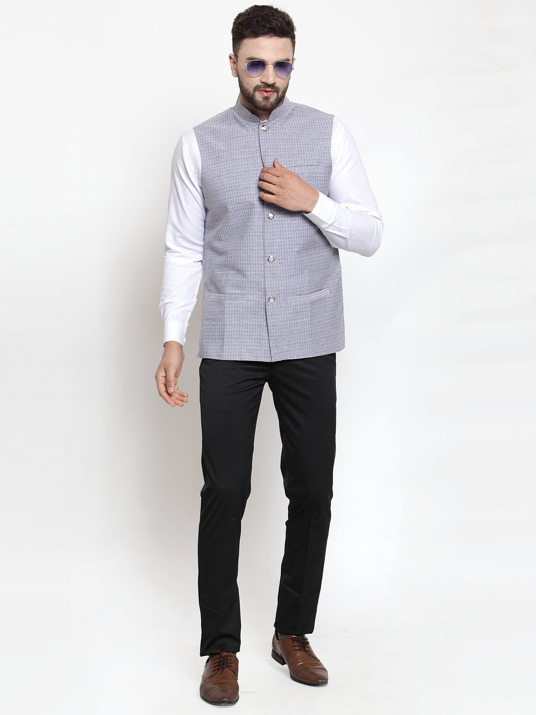 Jompers Men Steel-Blue Woven Design Nehru Jacket