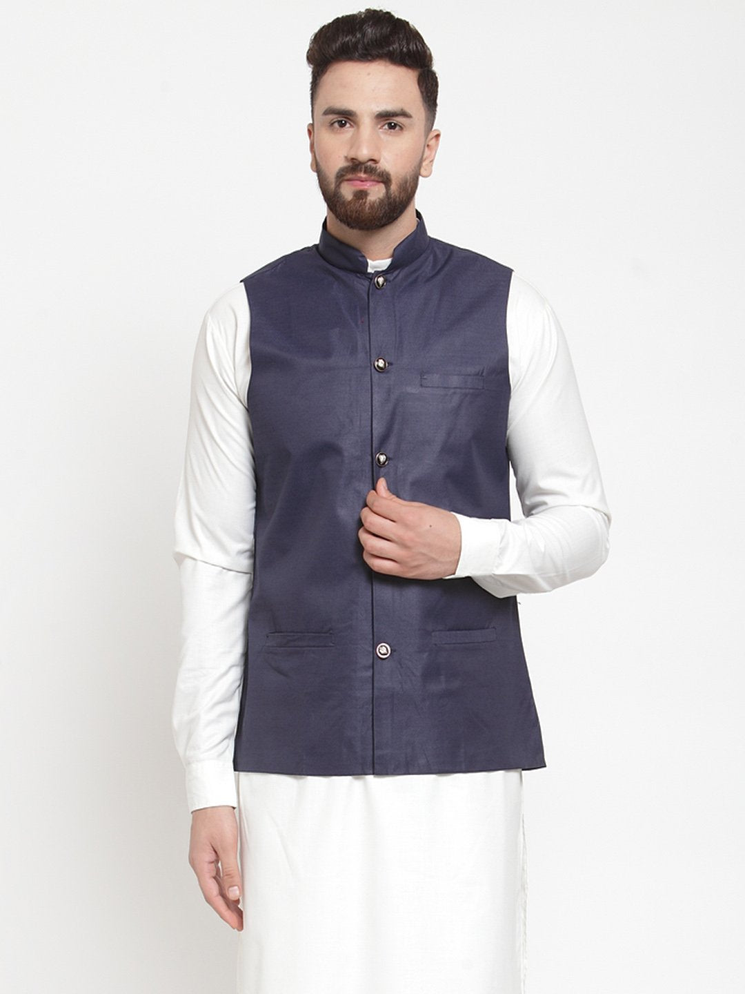 Jompers Men Navy-Blue Solid Nehru Jacket