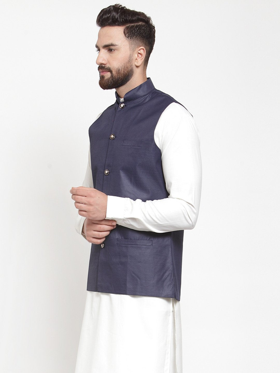Jompers Men Navy-Blue Solid Nehru Jacket