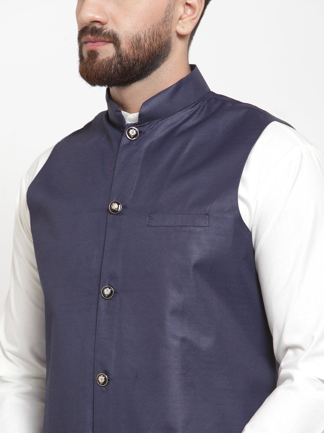 Jompers Men Navy-Blue Solid Nehru Jacket