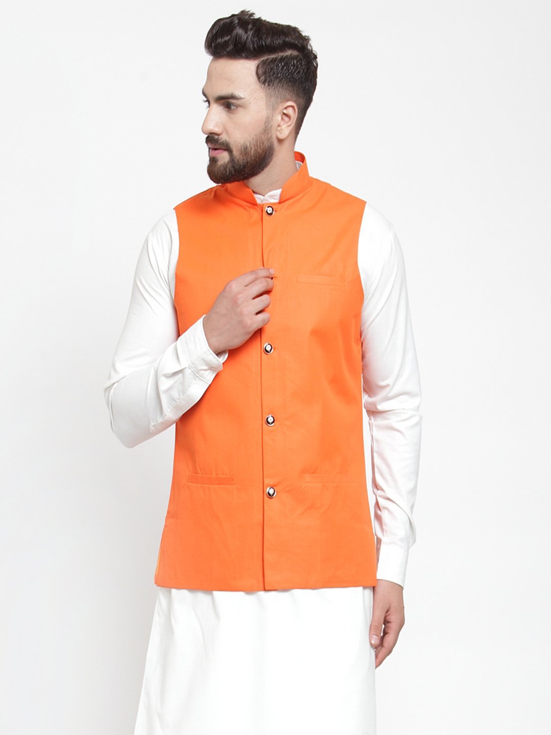 Jompers Men Orange Solid Nehru Jacket