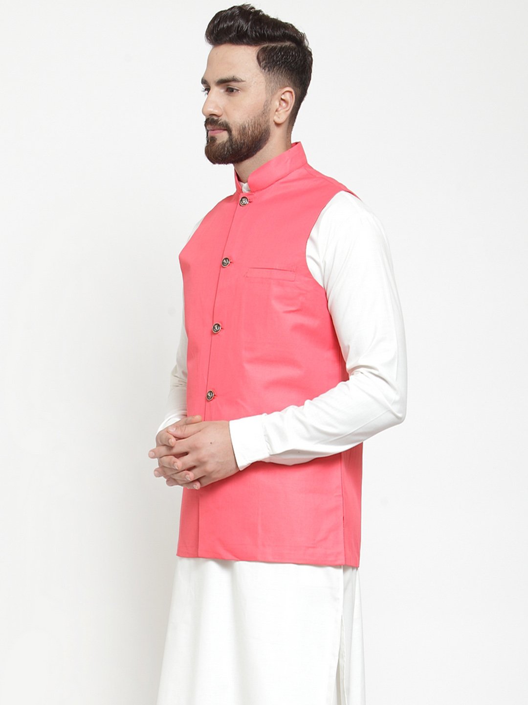 Jompers Men Peach Solid Nehru Jacket
