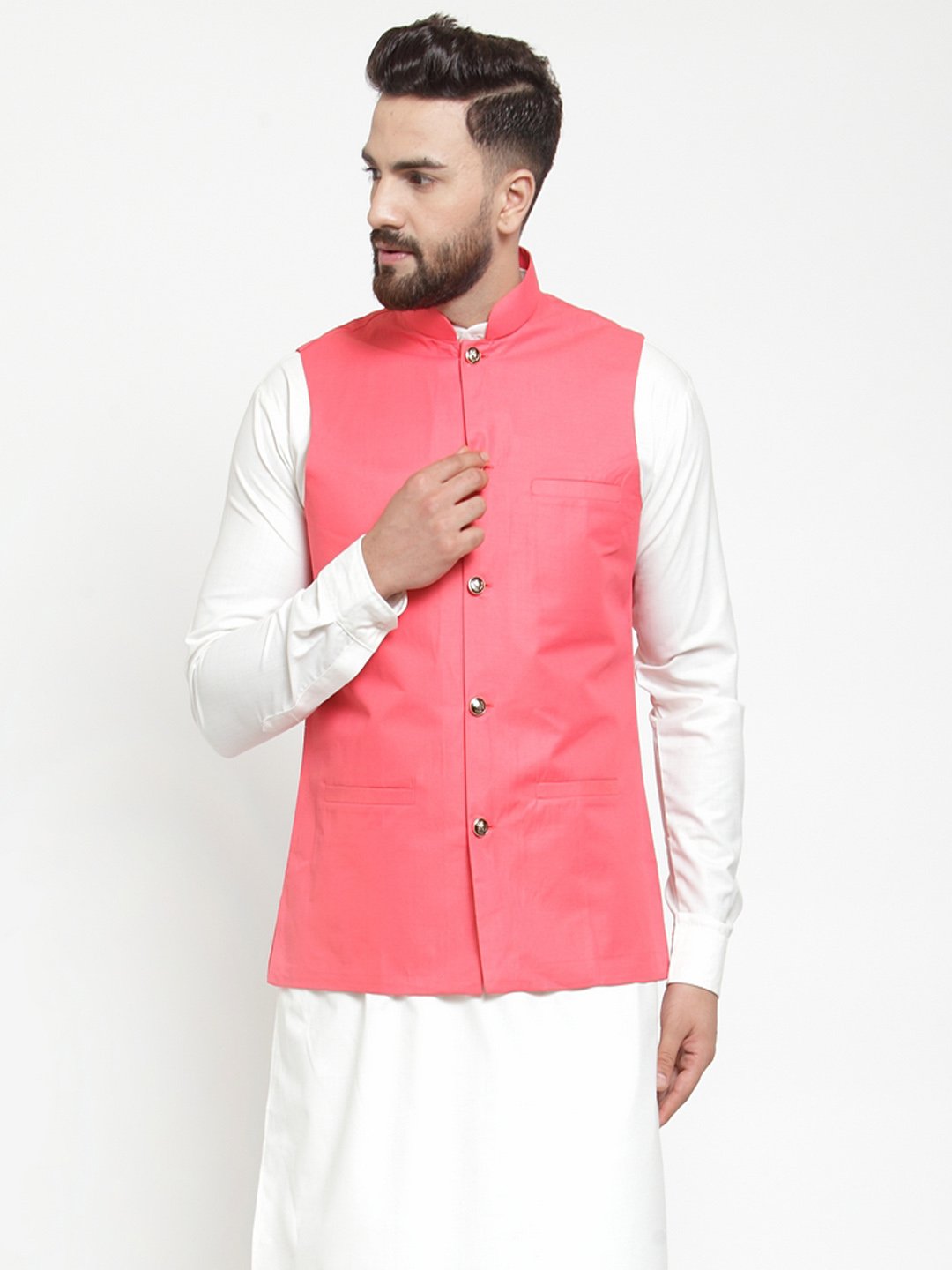 Jompers Men Peach Solid Nehru Jacket