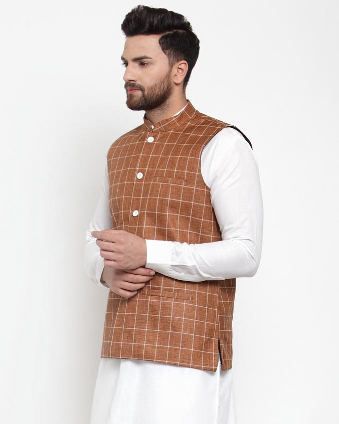 Jompers Men Brown Checked Nehru Jacket