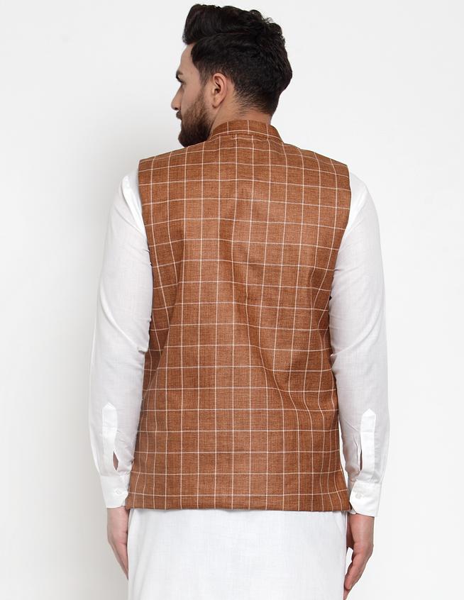 Jompers Men Brown Checked Nehru Jacket