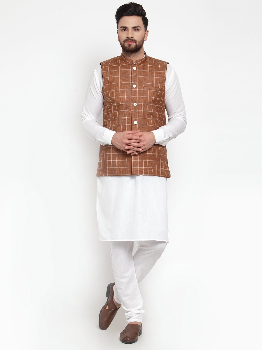 Jompers Men Brown Checked Nehru Jacket