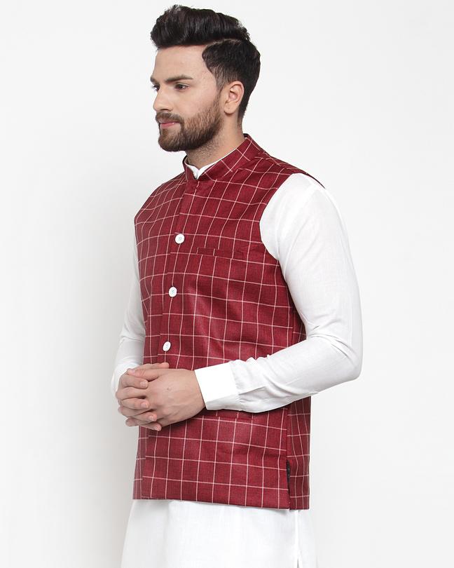Jompers Men Maroon Checked Nehru Jacket