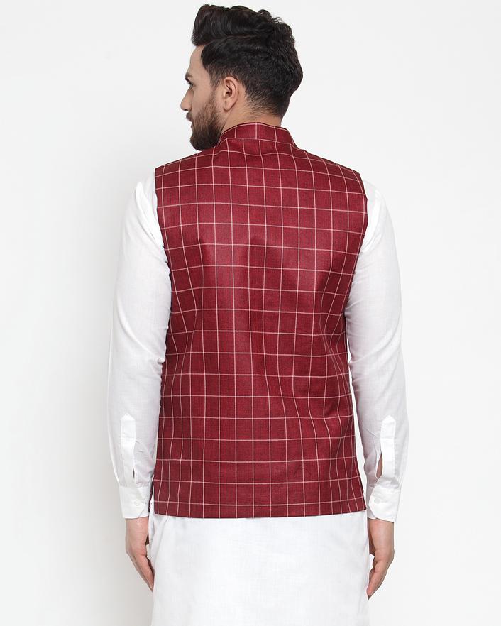 Jompers Men Maroon Checked Nehru Jacket