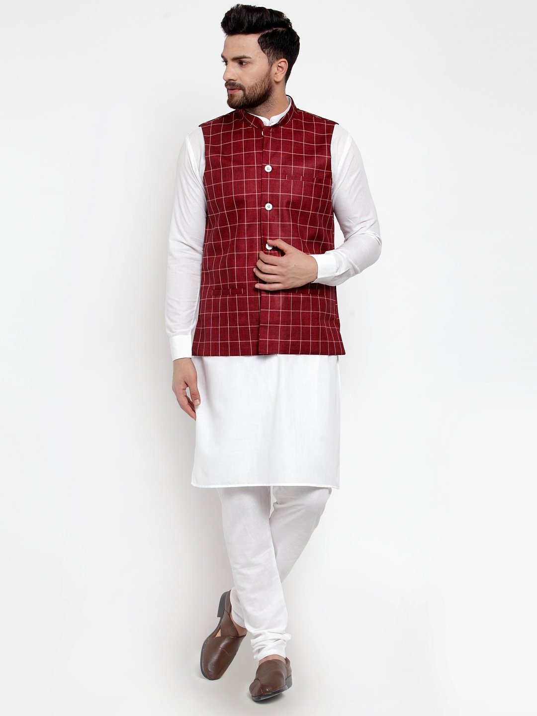 Jompers Men Maroon Checked Nehru Jacket