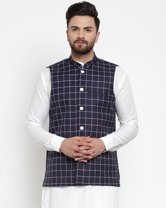 Jompers Men Navy-Blue Checked Nehru Jacket