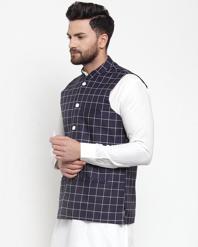 Jompers Men Navy-Blue Checked Nehru Jacket