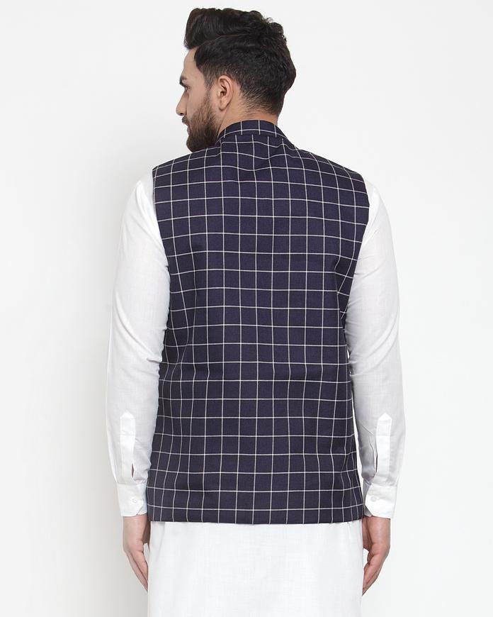 Jompers Men Navy-Blue Checked Nehru Jacket