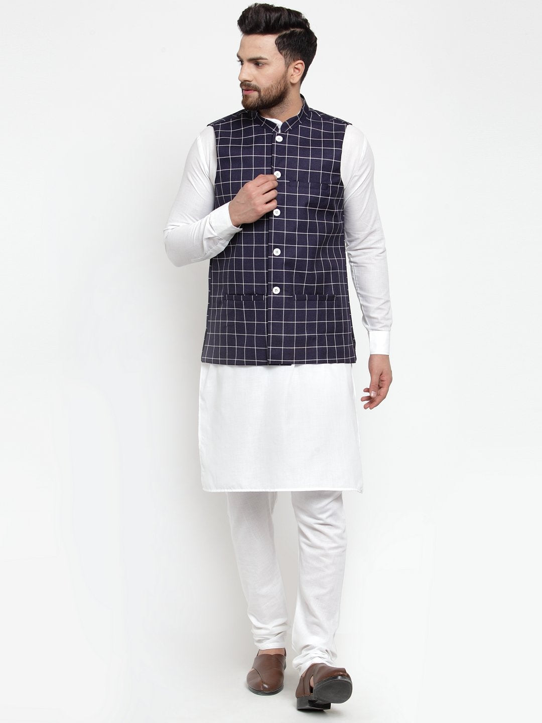 Jompers Men Navy-Blue Checked Nehru Jacket