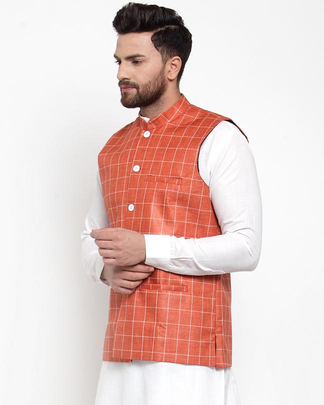 Jompers Men Peach Checked Nehru Jacket
