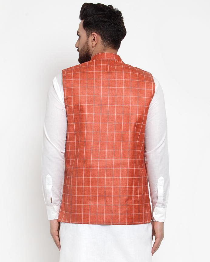 Jompers Men Peach Checked Nehru Jacket