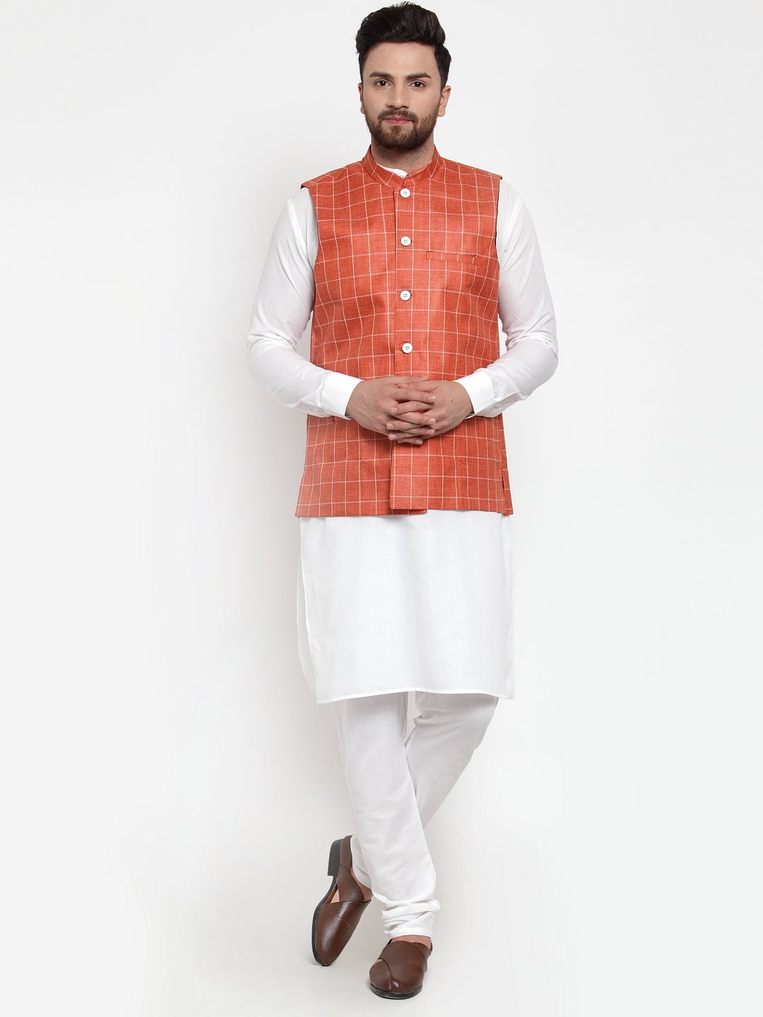 Jompers Men Peach Checked Nehru Jacket