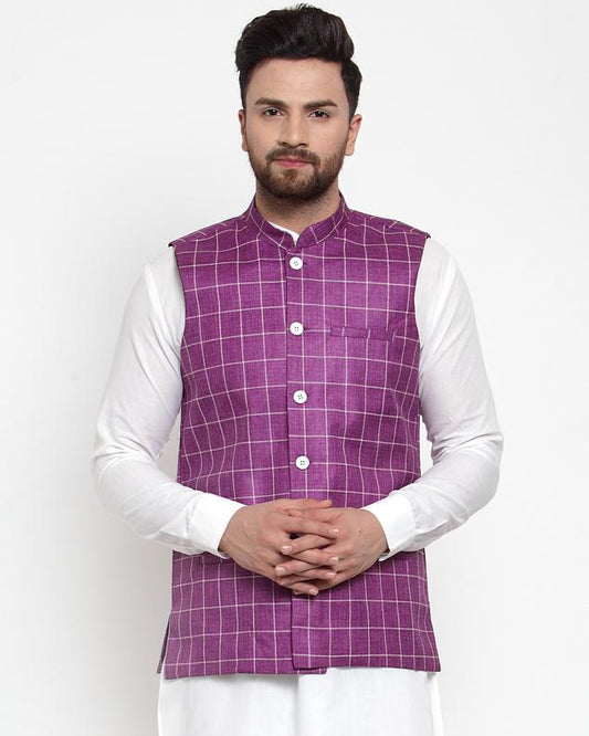 Jompers Men Purple Checked Nehru Jacket