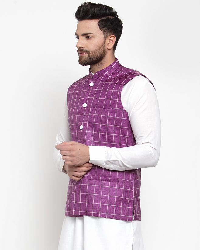 Jompers Men Purple Checked Nehru Jacket