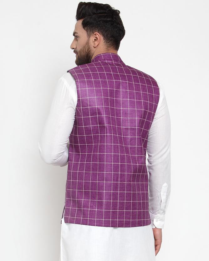 Jompers Men Purple Checked Nehru Jacket