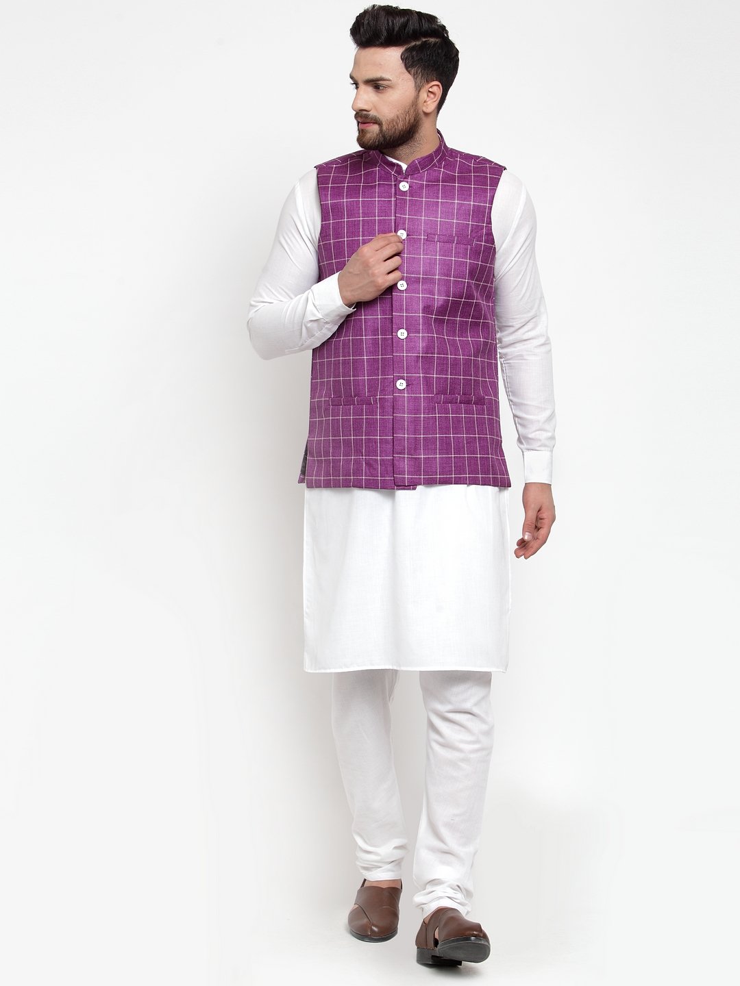 Jompers Men Purple Checked Nehru Jacket