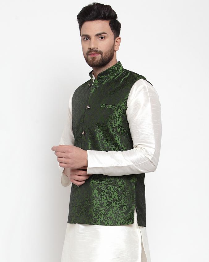 Jompers Men Green-Coloured & Black Woven Design Nehru Jacket (Mehndi)