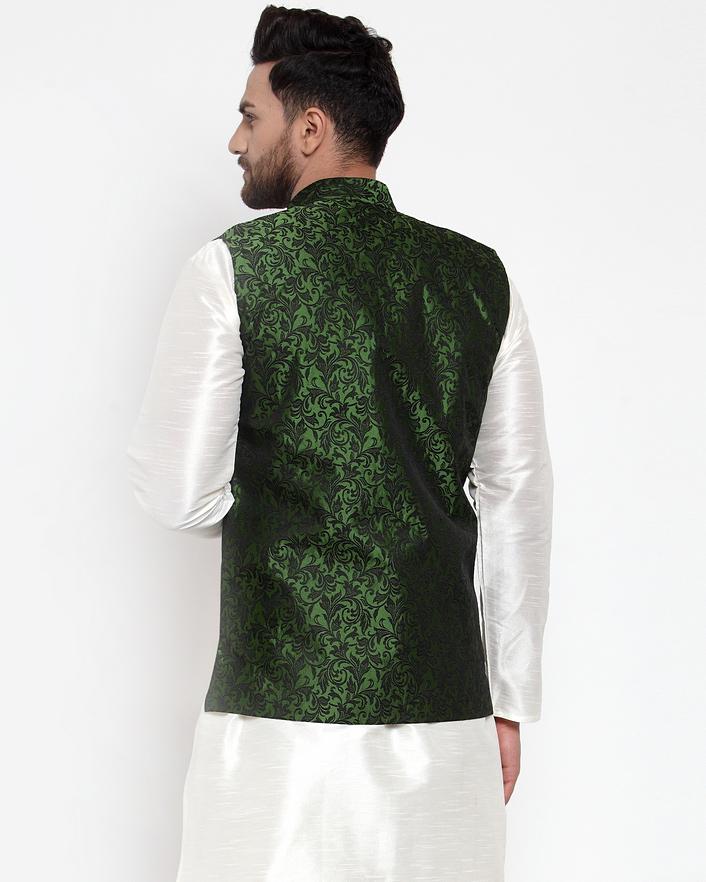Jompers Men Green-Coloured & Black Woven Design Nehru Jacket (Mehndi)