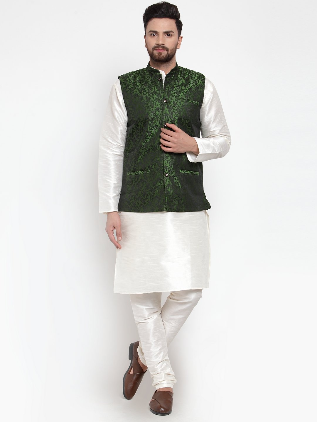 Jompers Men Green-Coloured & Black Woven Design Nehru Jacket (Mehndi)