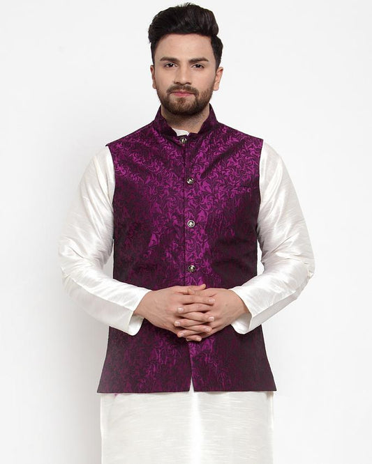 Jompers Men Purple-Coloured & Black Woven Design Nehru Jacket