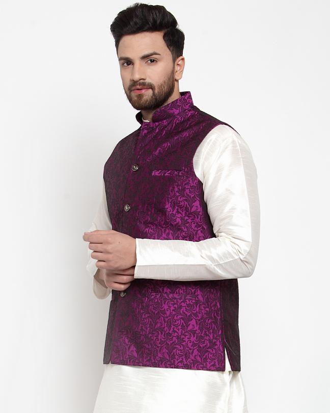 Jompers Men Purple-Coloured & Black Woven Design Nehru Jacket