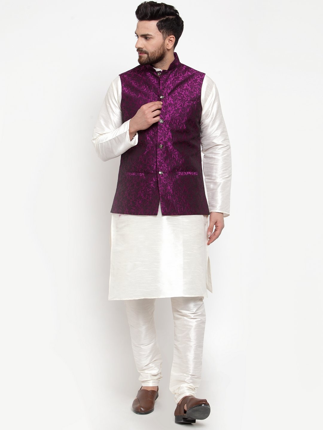 Jompers Men Purple-Coloured & Black Woven Design Nehru Jacket