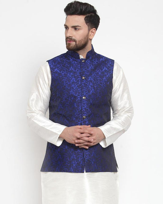 Jompers Men Blue-Coloured & Black Woven Design Nehru Jacket