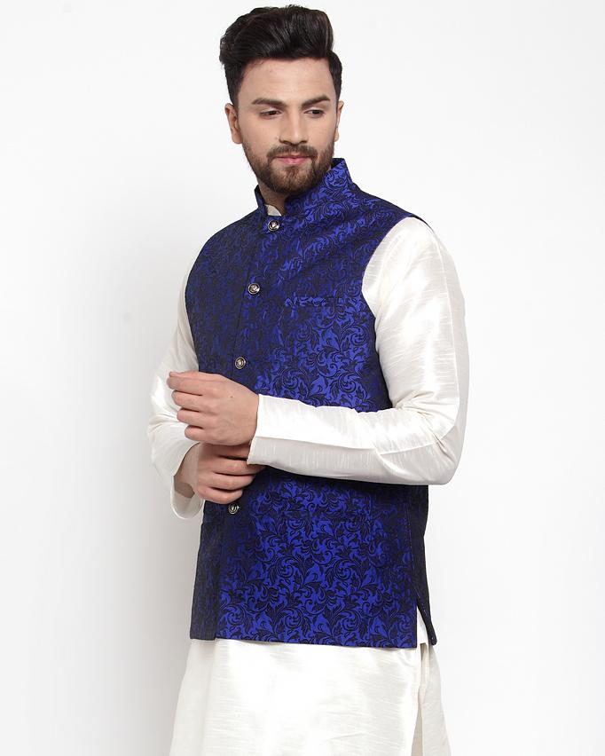 Jompers Men Blue-Coloured & Black Woven Design Nehru Jacket