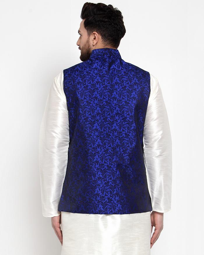 Jompers Men Blue-Coloured & Black Woven Design Nehru Jacket