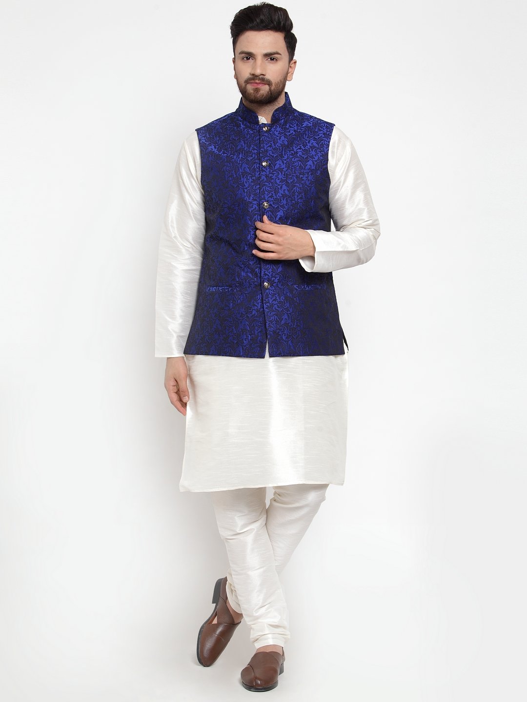 Jompers Men Blue-Coloured & Black Woven Design Nehru Jacket