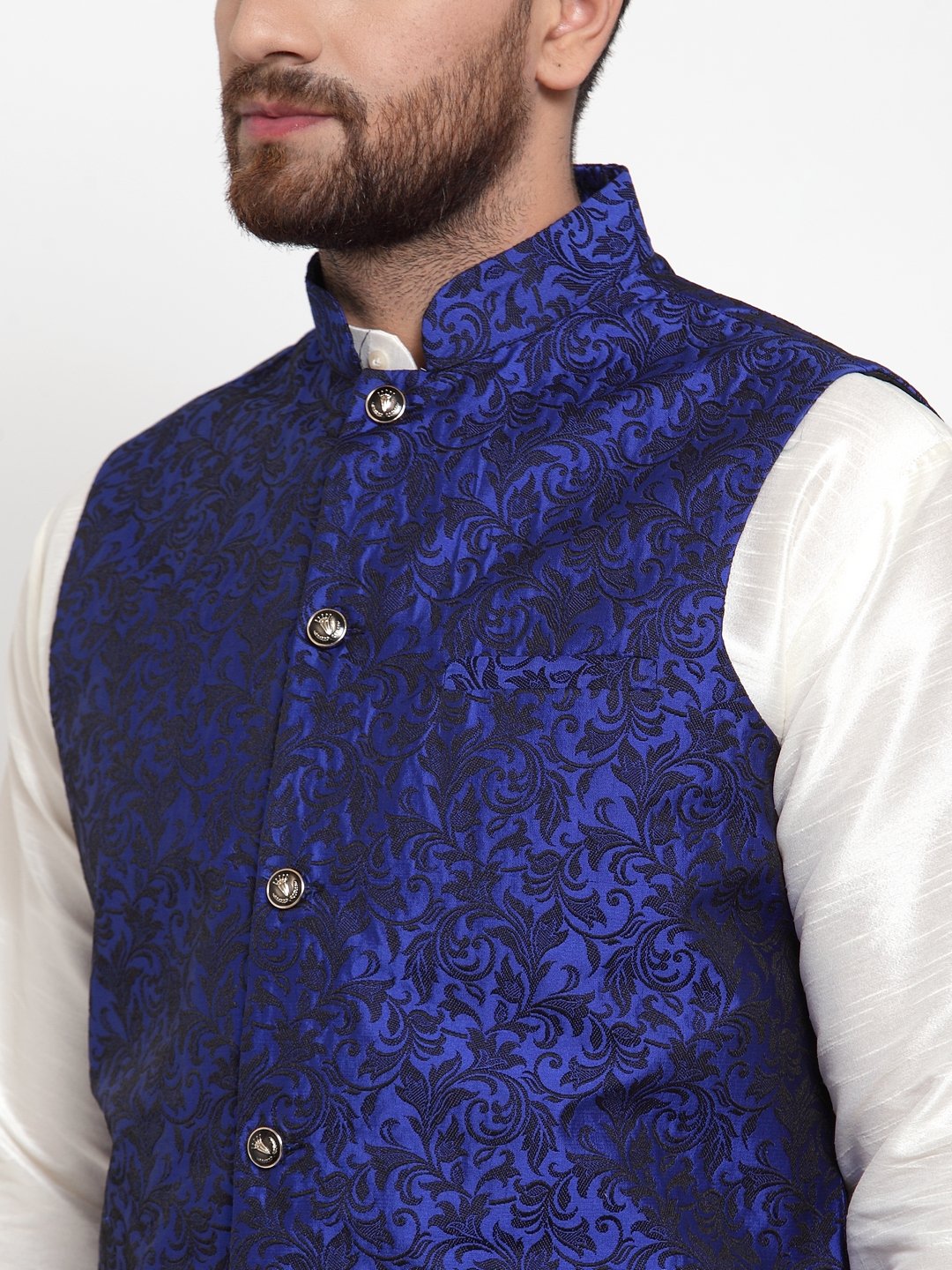 Jompers Men Blue-Coloured & Black Woven Design Nehru Jacket