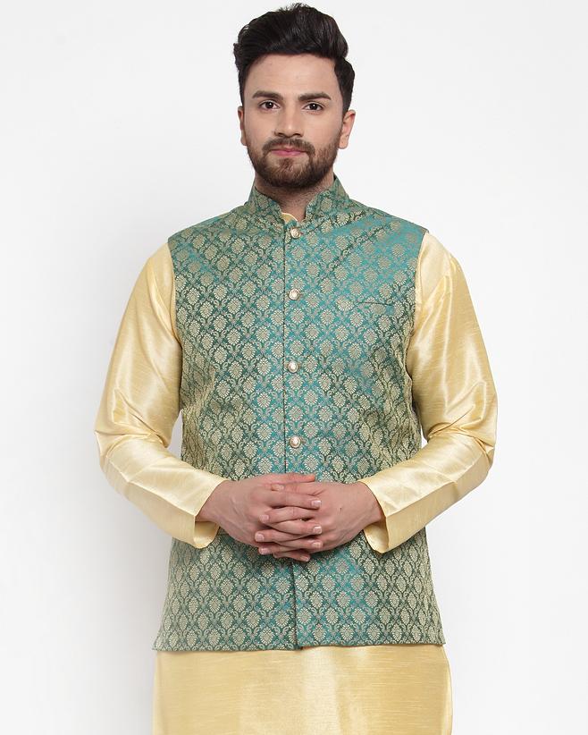 Jompers Men Green-Coloured & Golden Woven Design Nehru Jacket 