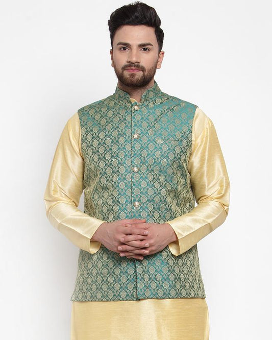 Jompers Men Green-Coloured & Golden Woven Design Nehru Jacket 