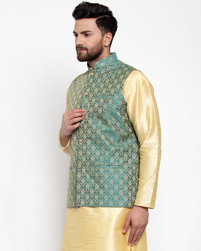 Jompers Men Green-Coloured & Golden Woven Design Nehru Jacket 