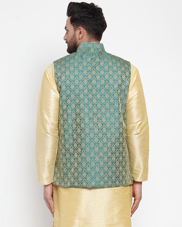 Jompers Men Green-Coloured & Golden Woven Design Nehru Jacket 