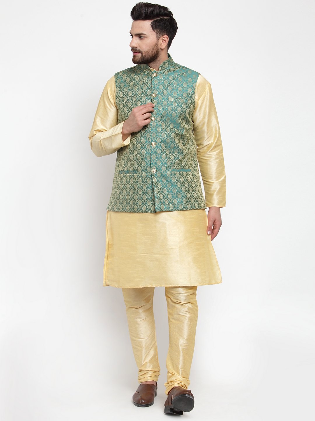 Jompers Men Green-Coloured & Golden Woven Design Nehru Jacket 